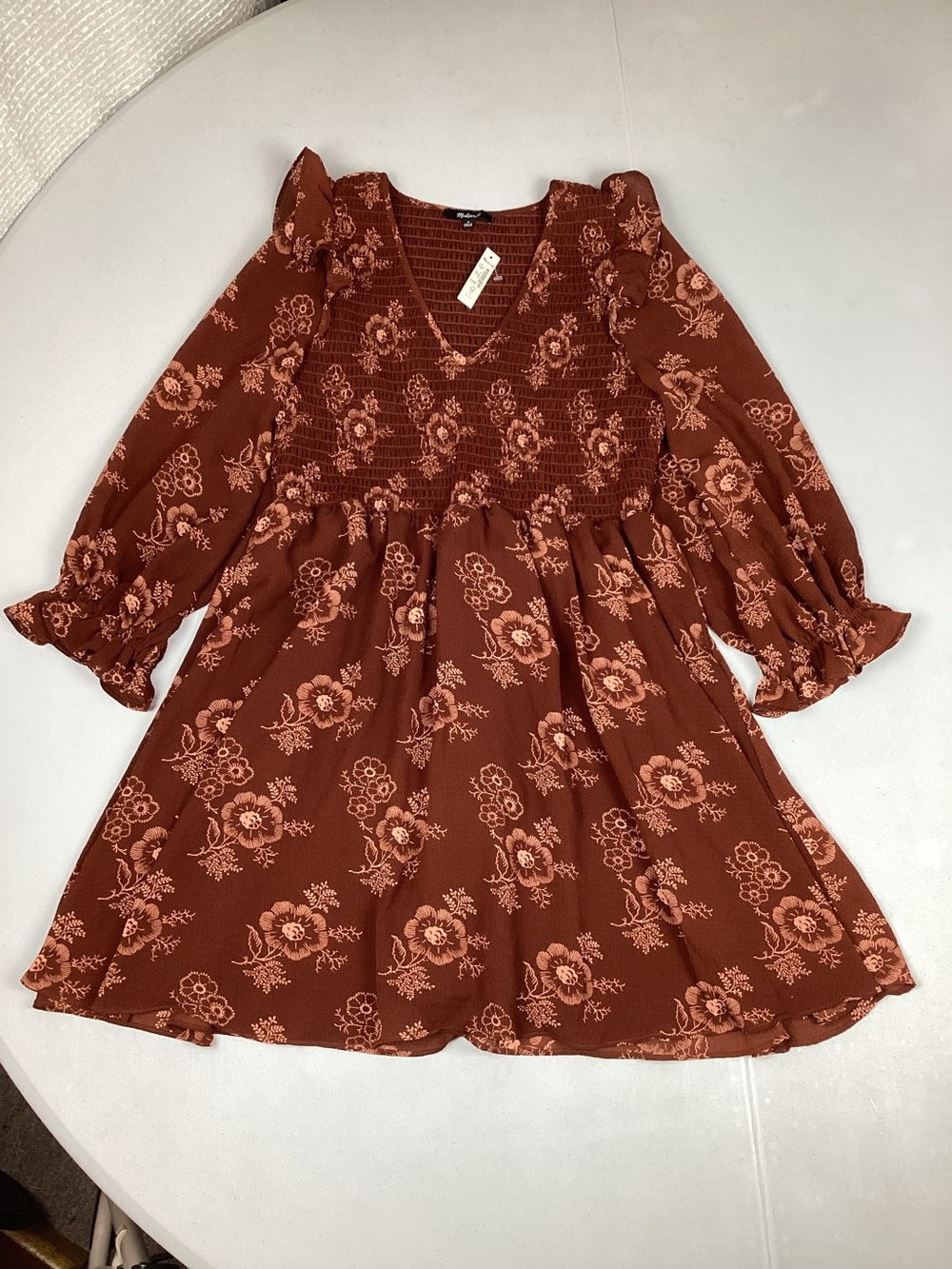 Madewell Lucie V-Neck Smocked Brown Floral Mini Dress Size Medium New With Tag.